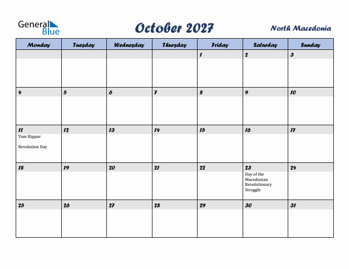 October 2027 Calendar with Holidays in North Macedonia