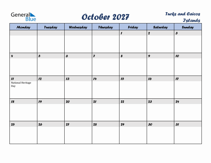 October 2027 Calendar with Holidays in Turks and Caicos Islands