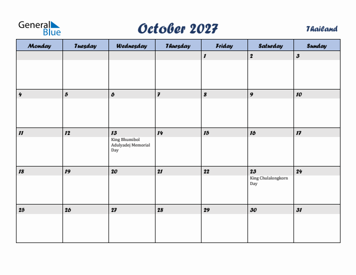 October 2027 Calendar with Holidays in Thailand