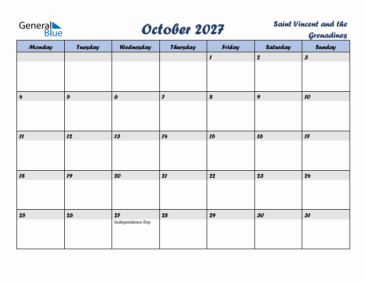 October 2027 Calendar with Holidays in Saint Vincent and the Grenadines