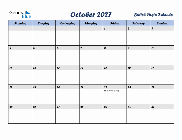 October 2027 Calendar with Holidays in British Virgin Islands