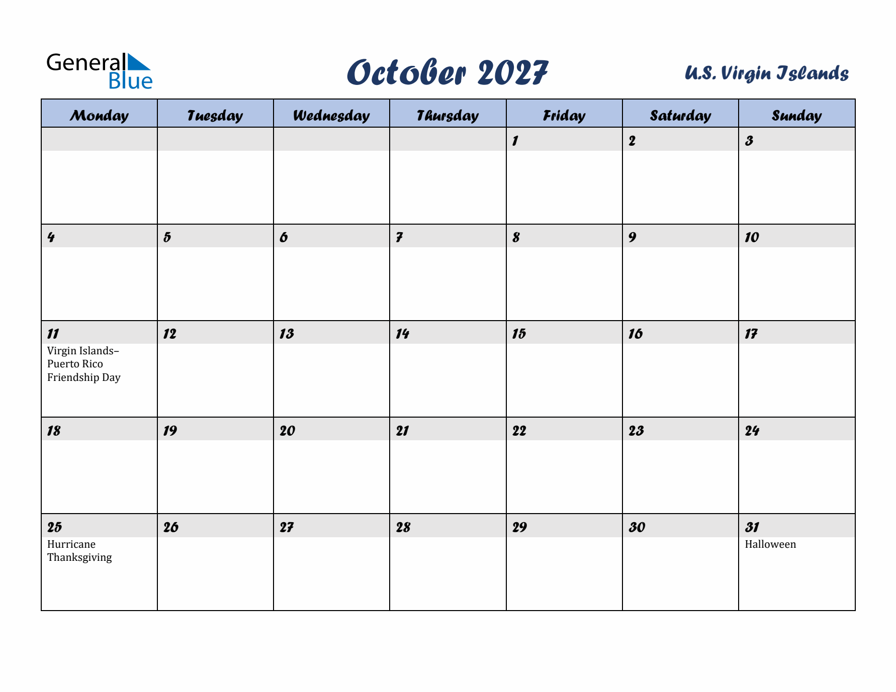 October 2027 Calendar with Holidays in U.S. Virgin Islands