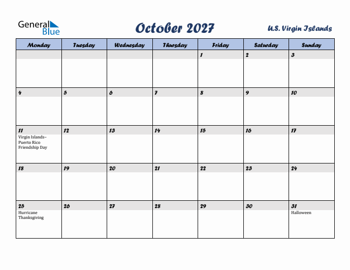 October 2027 Calendar with Holidays in U.S. Virgin Islands