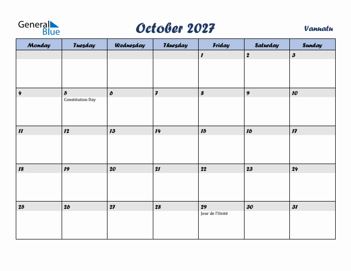 October 2027 Calendar with Holidays in Vanuatu