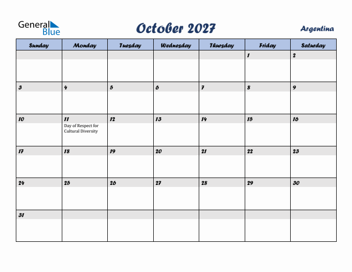 October 2027 Calendar with Holidays in Argentina