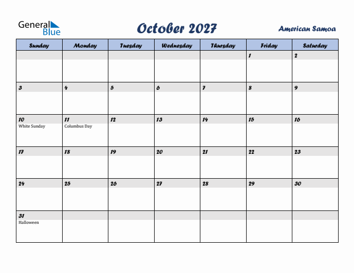 October 2027 Calendar with Holidays in American Samoa