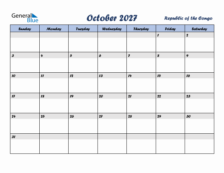 October 2027 Calendar with Holidays in Republic of the Congo
