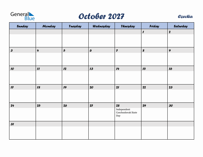 October 2027 Calendar with Holidays in Czechia