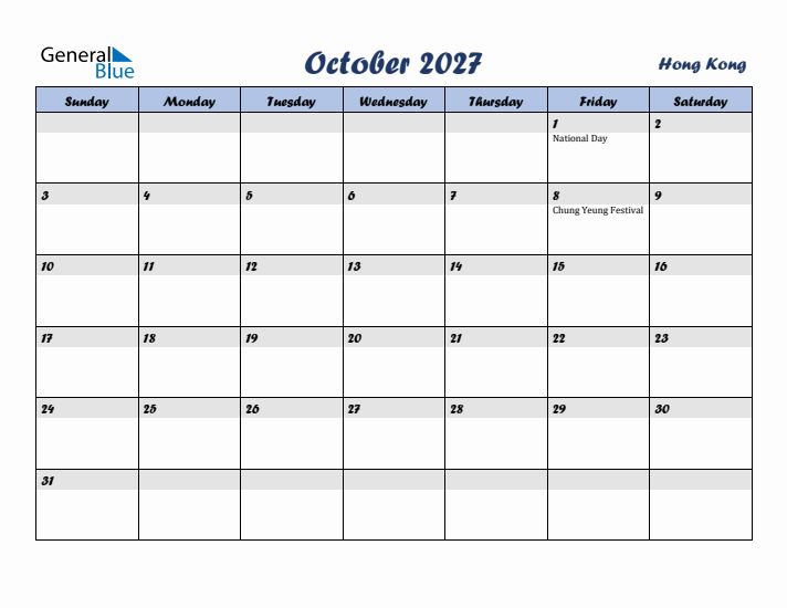 October 2027 Calendar with Holidays in Hong Kong