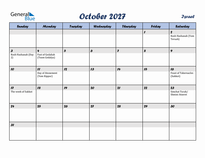 October 2027 Calendar with Holidays in Israel