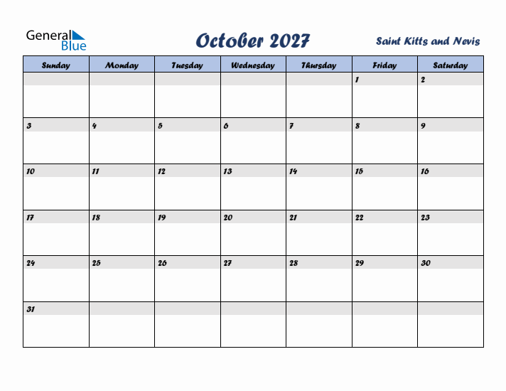 October 2027 Calendar with Holidays in Saint Kitts and Nevis