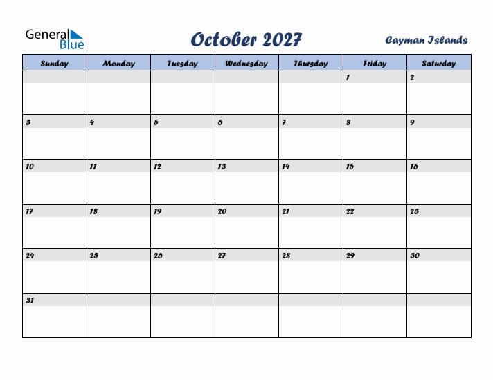 October 2027 Calendar with Holidays in Cayman Islands