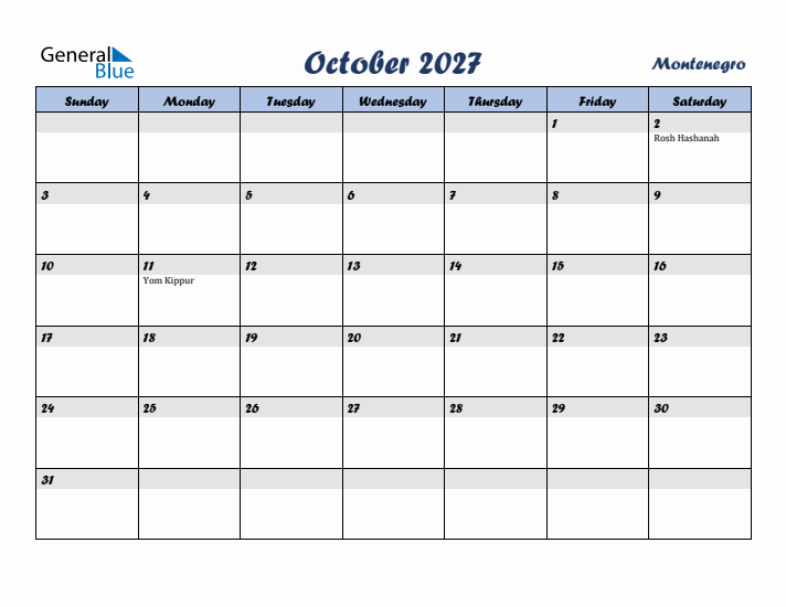 October 2027 Calendar with Holidays in Montenegro