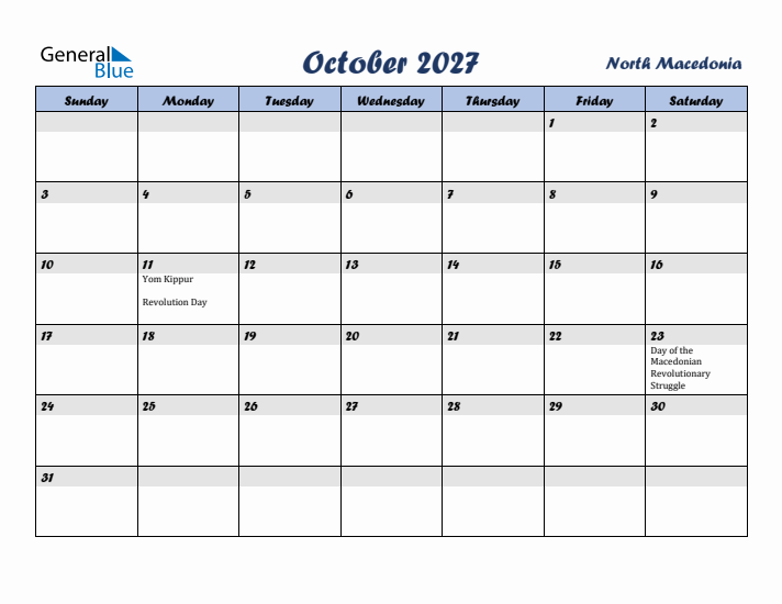 October 2027 Calendar with Holidays in North Macedonia