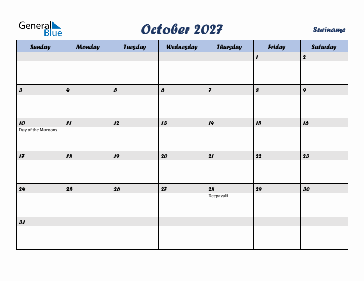 October 2027 Calendar with Holidays in Suriname