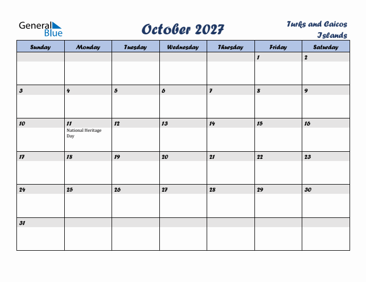 October 2027 Calendar with Holidays in Turks and Caicos Islands