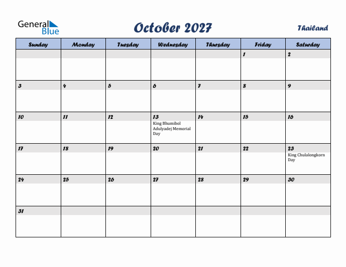 October 2027 Calendar with Holidays in Thailand