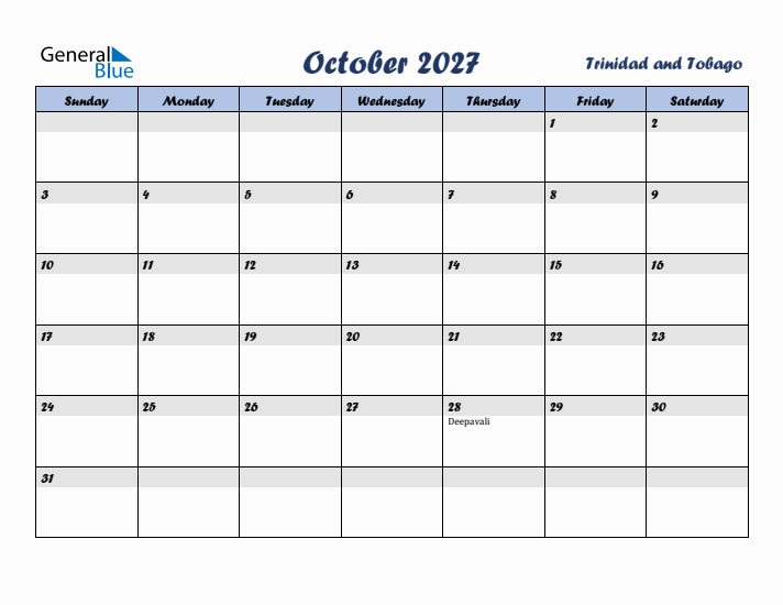 October 2027 Calendar with Holidays in Trinidad and Tobago