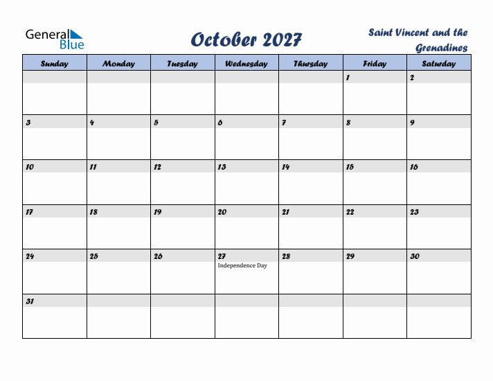 October 2027 Calendar with Holidays in Saint Vincent and the Grenadines