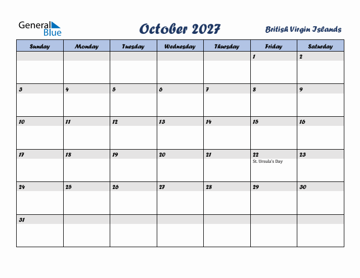 October 2027 Calendar with Holidays in British Virgin Islands