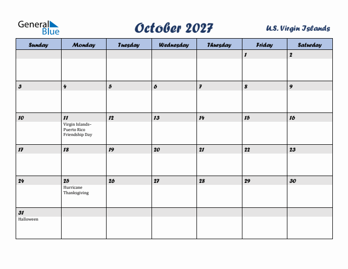 October 2027 Calendar with Holidays in U.S. Virgin Islands