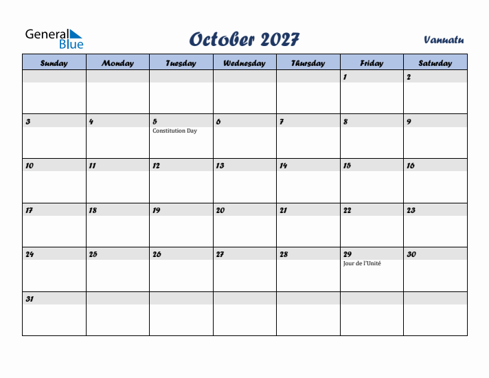 October 2027 Calendar with Holidays in Vanuatu