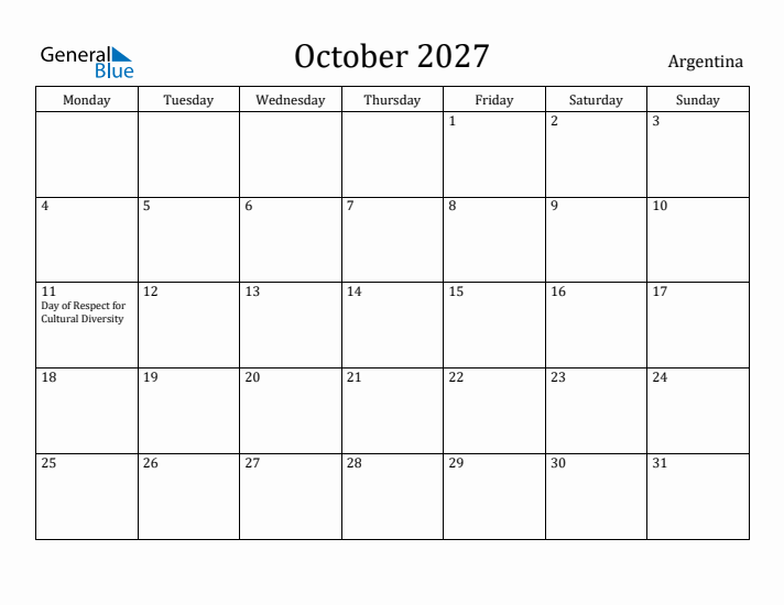 October 2027 Calendar Argentina