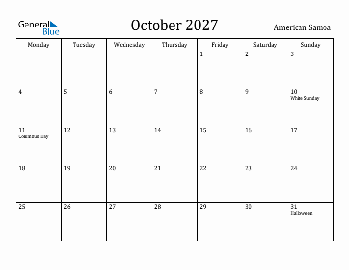 October 2027 Calendar American Samoa
