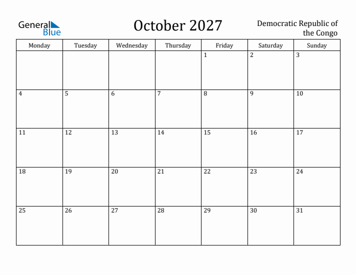 October 2027 Calendar Democratic Republic of the Congo