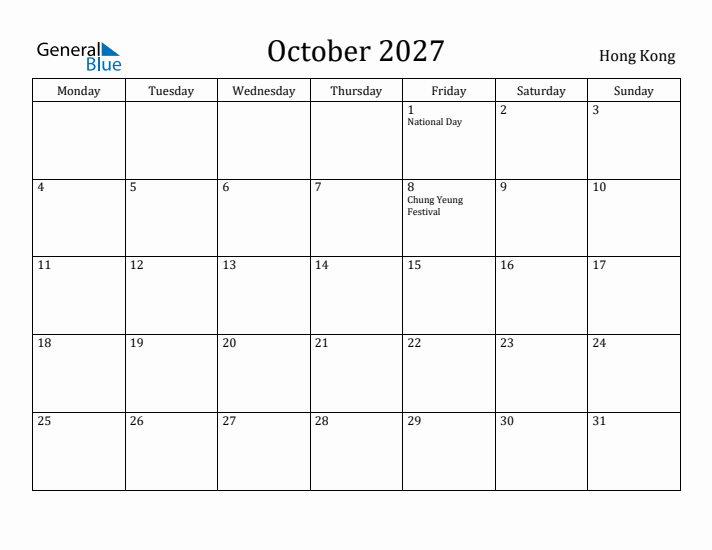 October 2027 Calendar Hong Kong