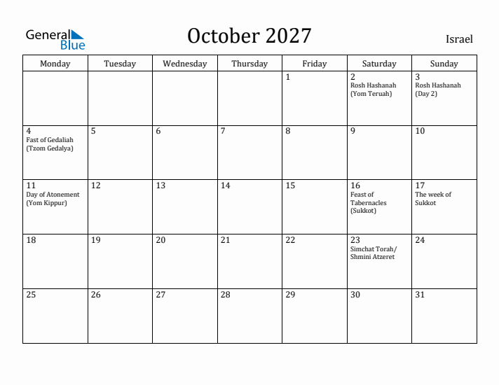 October 2027 Calendar Israel