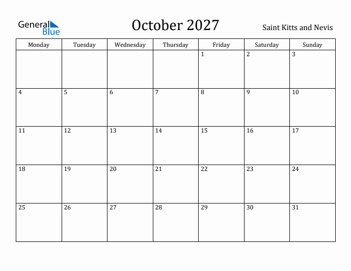 October 2027 Calendar Saint Kitts and Nevis