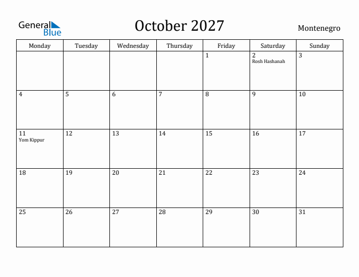 October 2027 Calendar Montenegro