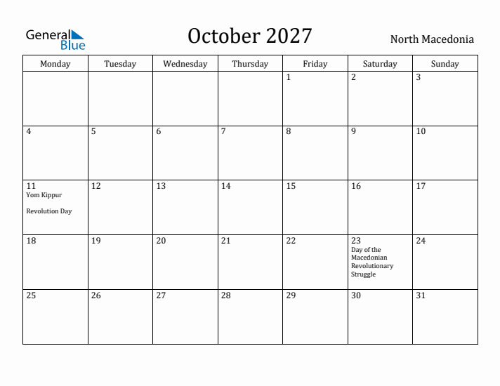 October 2027 Calendar North Macedonia