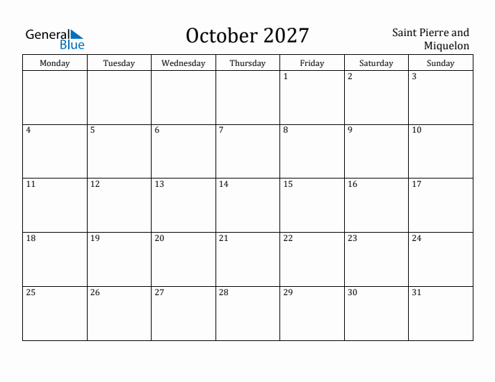 October 2027 Calendar Saint Pierre and Miquelon
