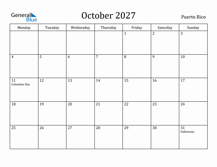 October 2027 Calendar Puerto Rico