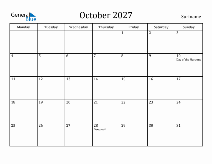 October 2027 Calendar Suriname