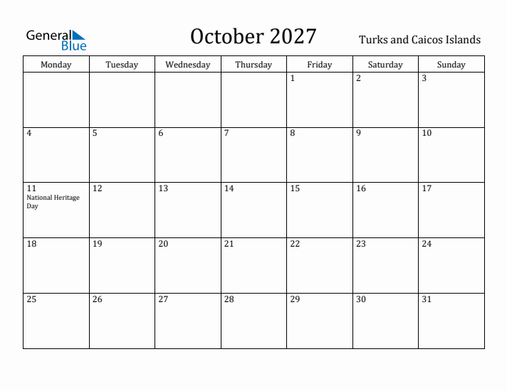 October 2027 Calendar Turks and Caicos Islands