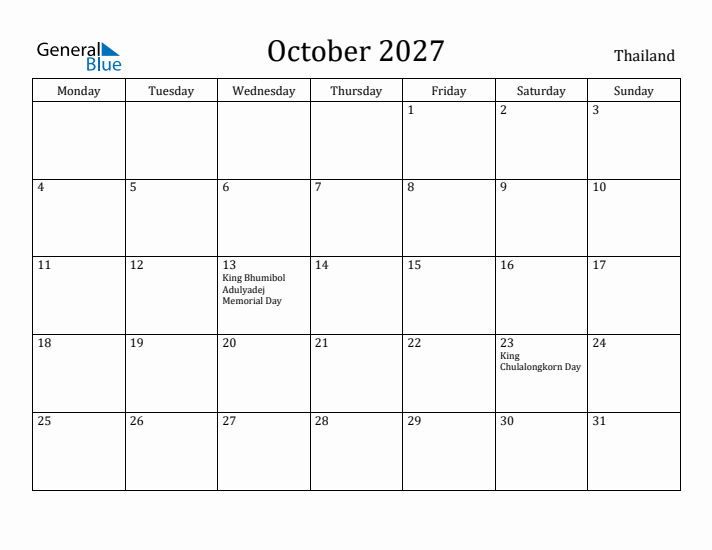October 2027 Calendar Thailand