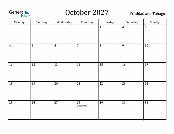 October 2027 Calendar Trinidad and Tobago