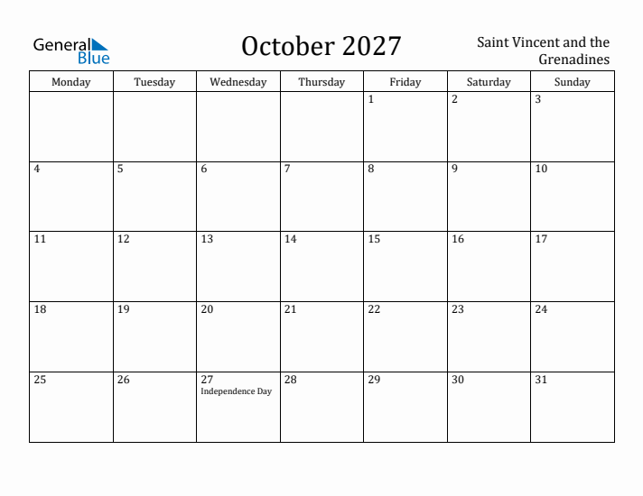 October 2027 Calendar Saint Vincent and the Grenadines