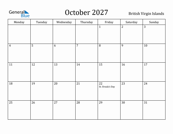 October 2027 Calendar British Virgin Islands
