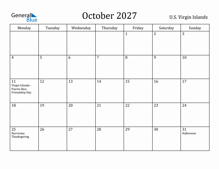 October 2027 Calendar U.S. Virgin Islands