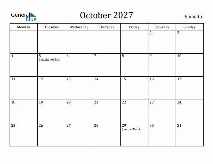October 2027 Calendar Vanuatu