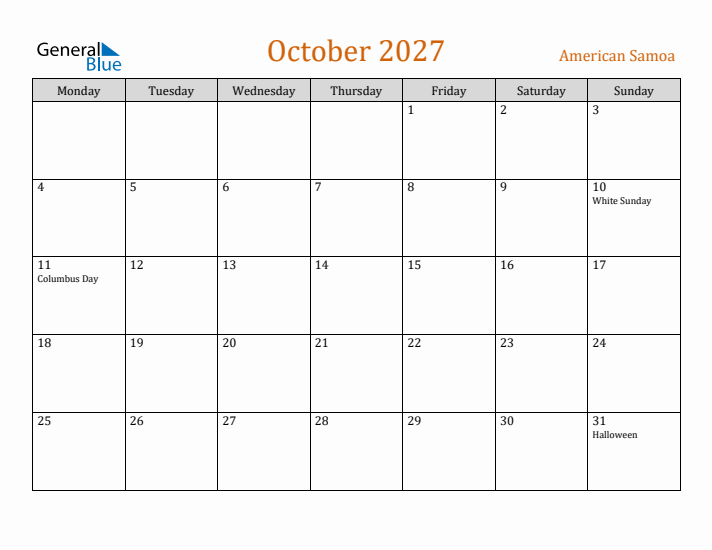 October 2027 Holiday Calendar with Monday Start