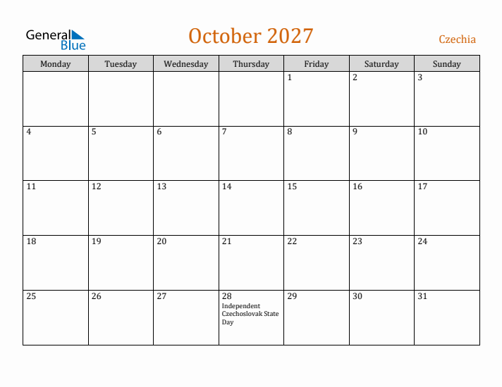 October 2027 Holiday Calendar with Monday Start