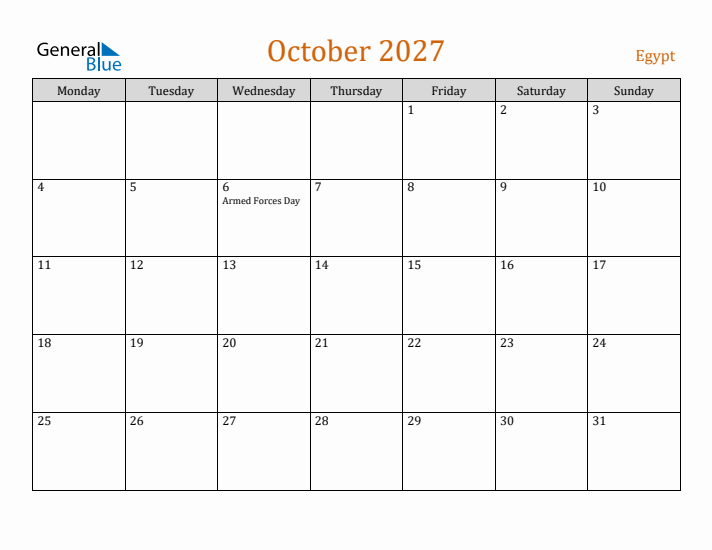 October 2027 Holiday Calendar with Monday Start