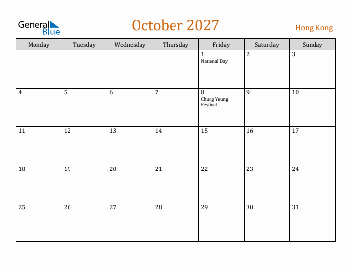 October 2027 Holiday Calendar with Monday Start