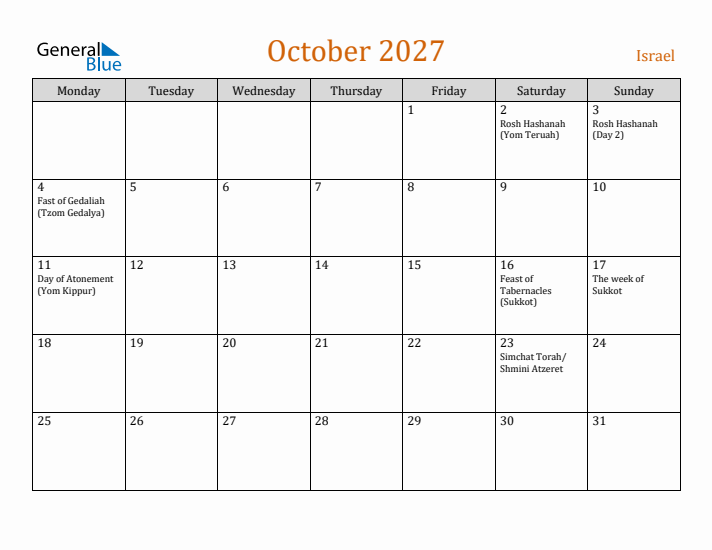 October 2027 Holiday Calendar with Monday Start