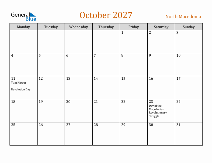 October 2027 Holiday Calendar with Monday Start